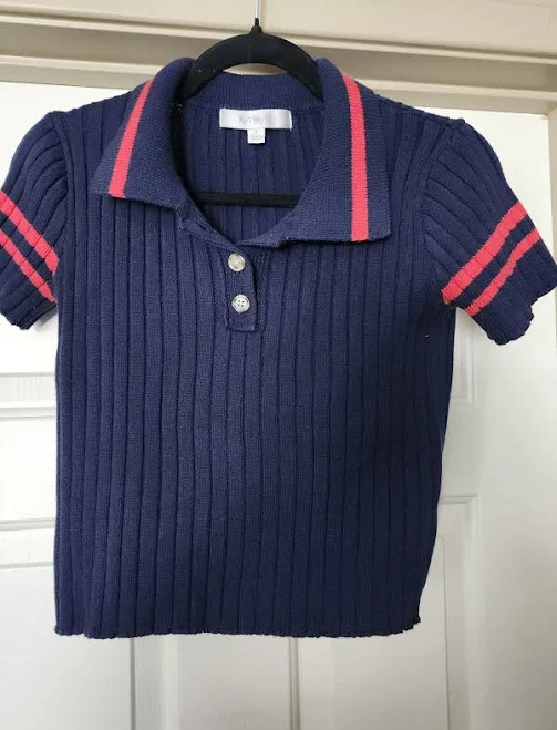 Flat White Navy Ribbed Polo Shirt With Red Striped Sleeves, Small