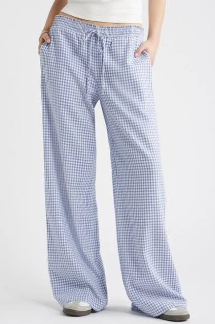 BP. Linen Blend Beach Pants in Blue- White Demi Gingham at Nordstrom, Size Xx-Small