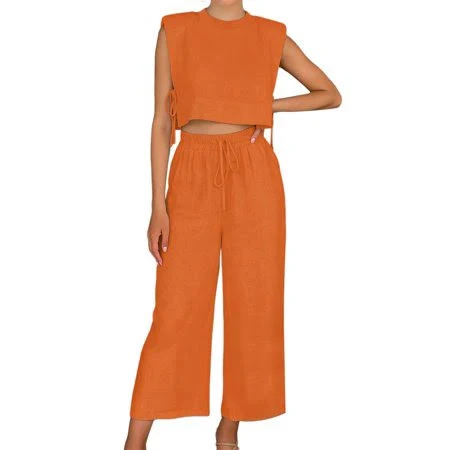 Women's Two Piece Sets Casual Linen Sleeveless Crop Top Wide Leg Pants Summer Outfits Orange M, Size: Medium