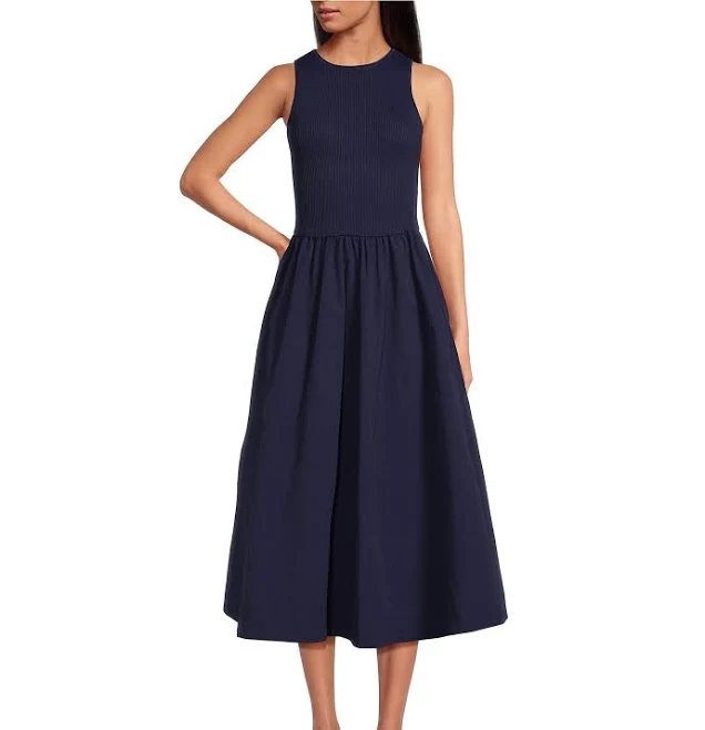 Every Mixed Media Round Neck Sleeveless Midi A-Line Dress