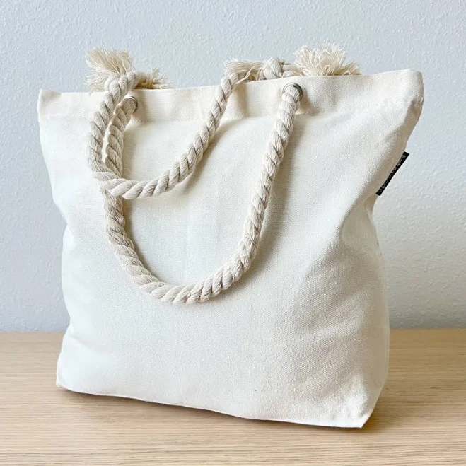 Cotton Canvas Tote Bag with Zipper & Comfortable Rope Handles. Small and Large Size Blank Canvas Tote Beach Bag.