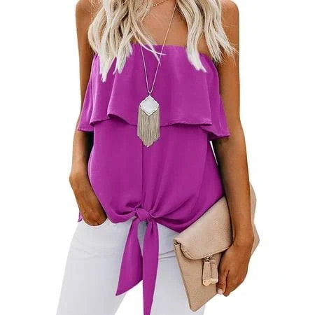 Women's Off The Shoulder Ruffle Tie Front Chiffon Shirt