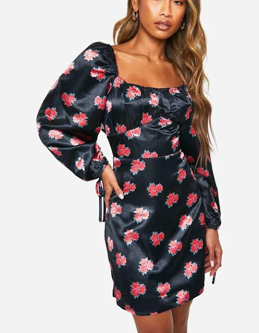 Boohoo Women's Floral Puff Sleeve Satin Mini Dress