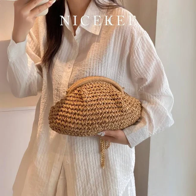 Boho Chain Woven Straw Shoulder Bag