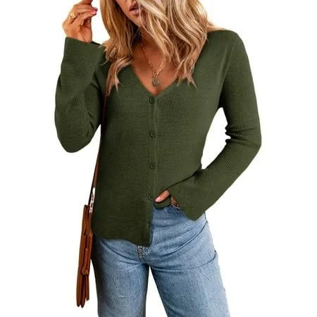 Women's Lightweight Ribbed Knit Button Front V Neck Cardigan