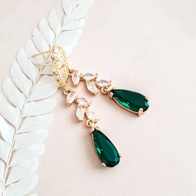 Emerald Leaf Long Dangle Earrings