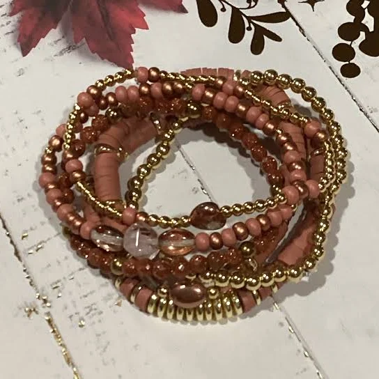14K Gold Plated Personalized Bracelet Stack with Terracotta Goldstone