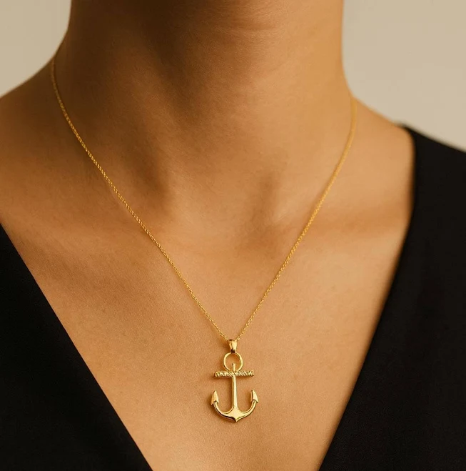 14K Solid Gold Minimalist Anchor Necklace with Stones