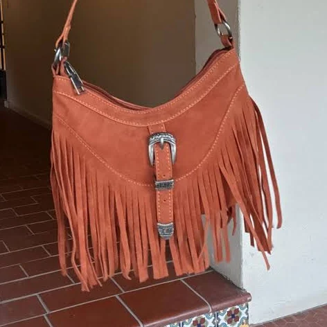 Rust Belted Suede Fringe Purse