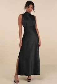 Classic Elegance Black Satin Sleeveless Mock Neck Maxi Dress