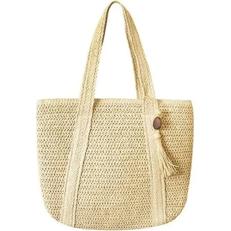 Sanzhen Women's Large Woven Straw Beach Tote Holiday Handmade Summer Rattan Bags, Beige