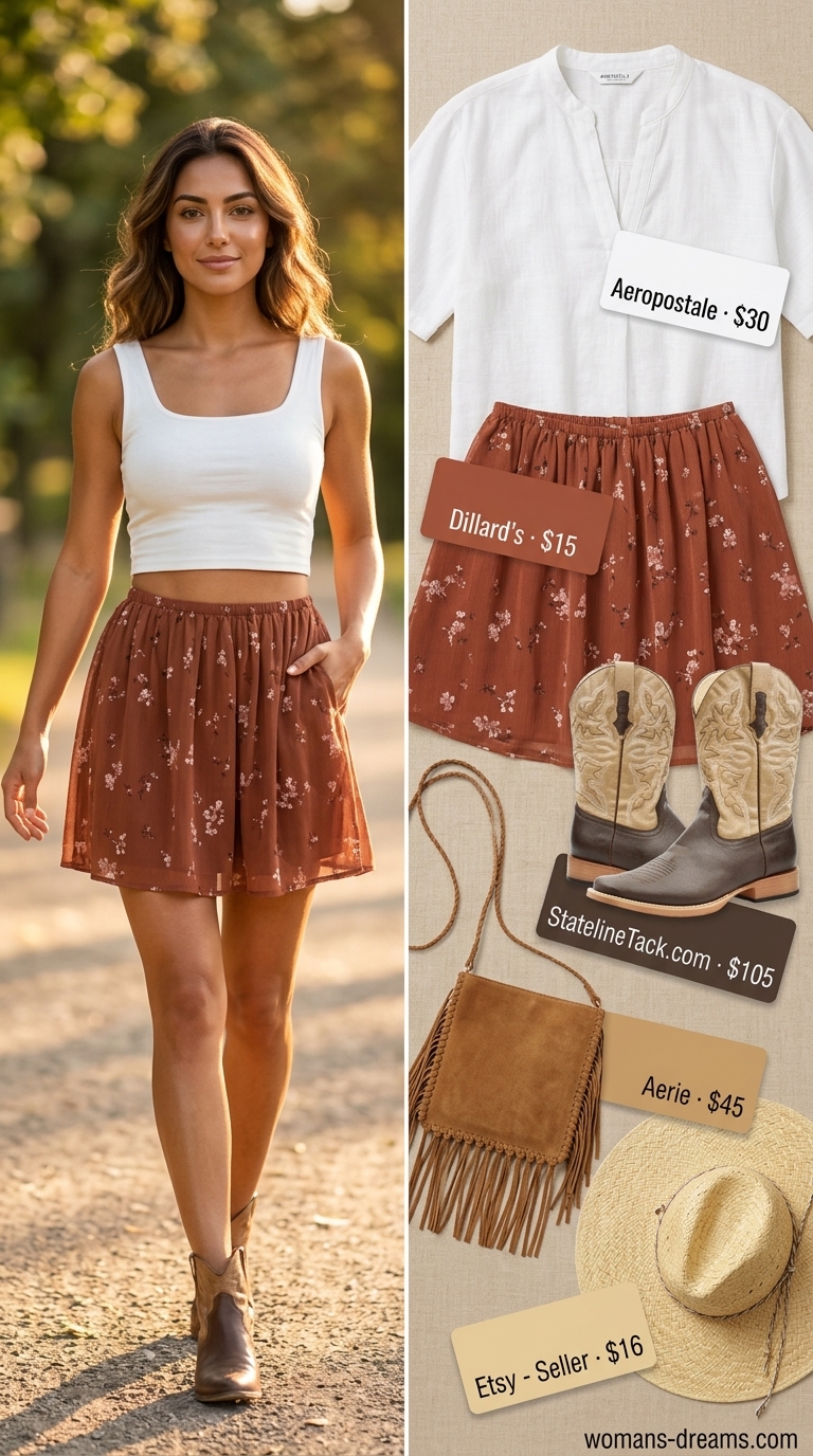 Floral mini skirt, white crop top & cowboy boots for a sparkle summer birthday outfit for women 2026.