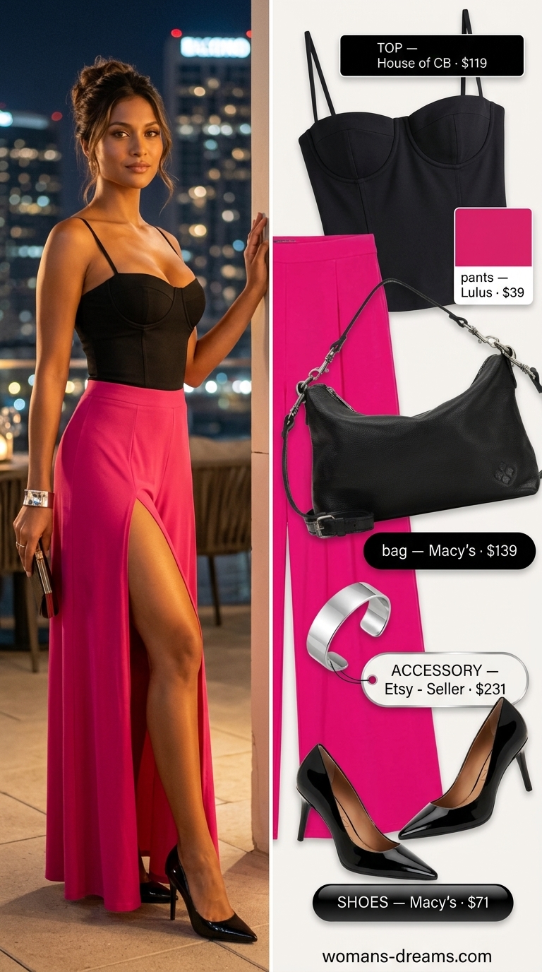 Fuchsia wide-leg trousers with black corset top & silver accents for a sparkle summer birthday outfit for women 2026.