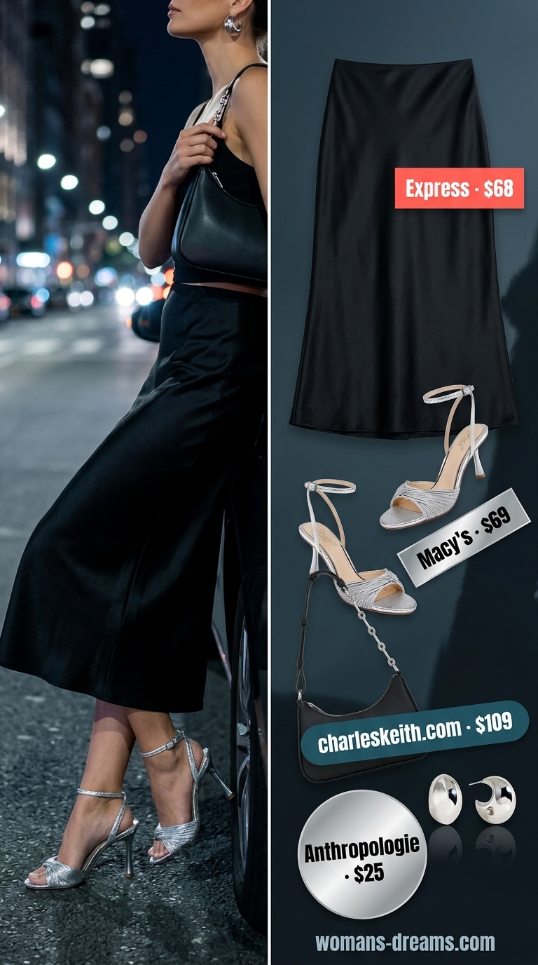 Sparkle summer birthday outfit for women 2026: Black satin midi skirt, hot pink crop top, silver heels & hoops for city night out.