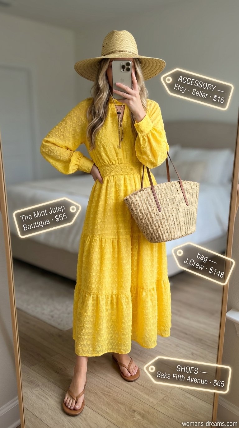 Flowy bright yellow maxi dress with straw accessories for a sparkle summer birthday outfit for women 2026.