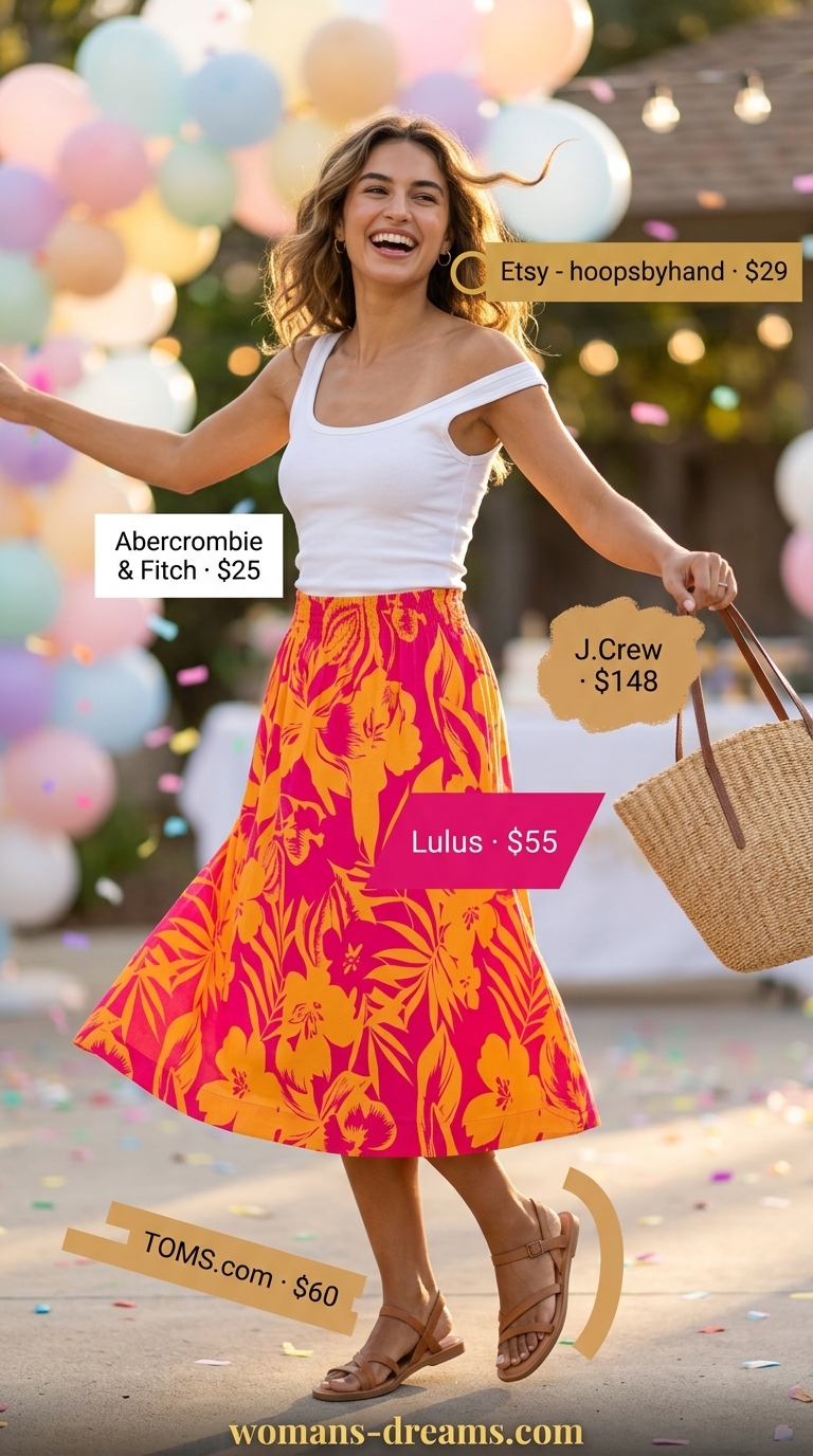 Sparkle summer birthday outfit for women 2026: Floral midi skirt, white tank, gold hoops, sandals for playful brunch.