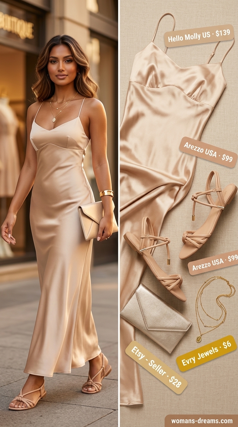 Champagne satin maxi dress with gold accessories for a sparkle summer birthday outfit for women 2026.