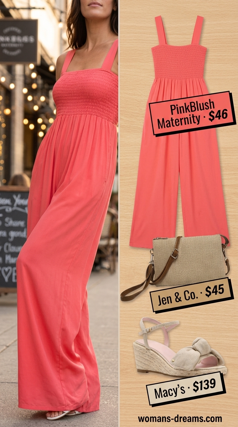 Sparkle summer birthday outfit for women 2026: Coral wide-leg jumpsuit, espadrilles, gold necklaces for chic evening.
