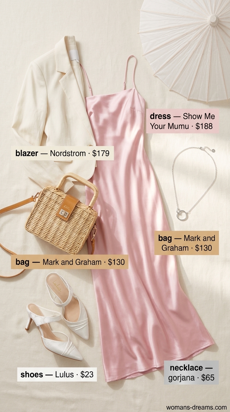 Pastel pink satin slip dress with white blazer & silver mules for a sparkle summer birthday outfit for women 2026.