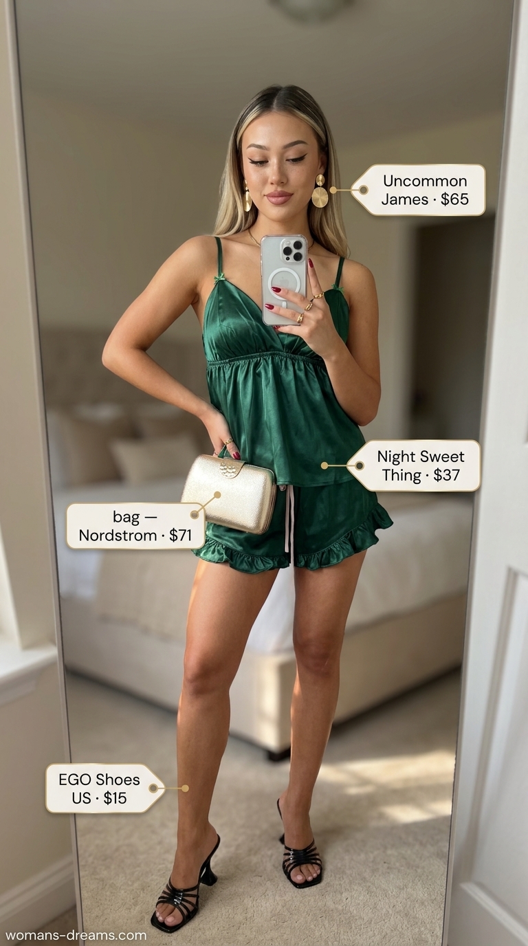 Emerald green satin co-ord set with gold accessories for a sparkle summer birthday outfit for women 2026.