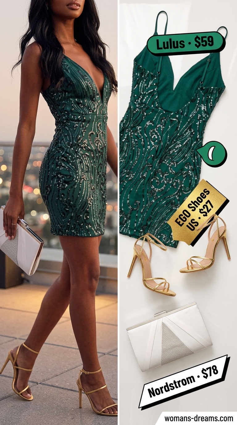 Sparkle summer birthday outfit for women 2026: Emerald green sequin mini dress, gold heels & clutch for a festive cocktail hour.