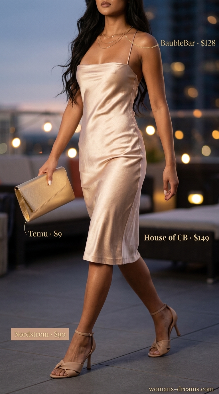 Sparkle summer birthday outfit for women 2026: Champagne slip dress, gold heels, gold necklaces for glamorous cocktail party.