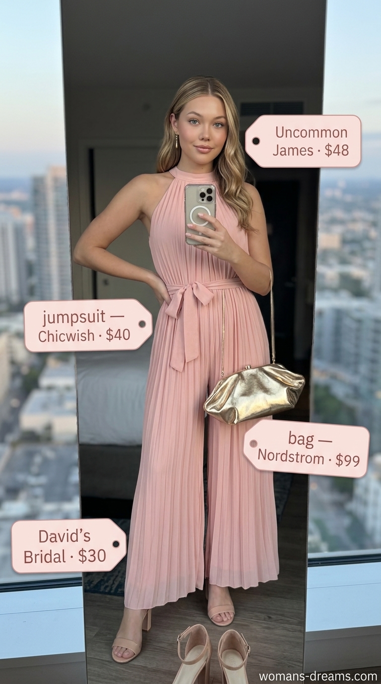 Blush pink wide-leg jumpsuit with gold accessories for a sparkle summer birthday outfit for women 2026.