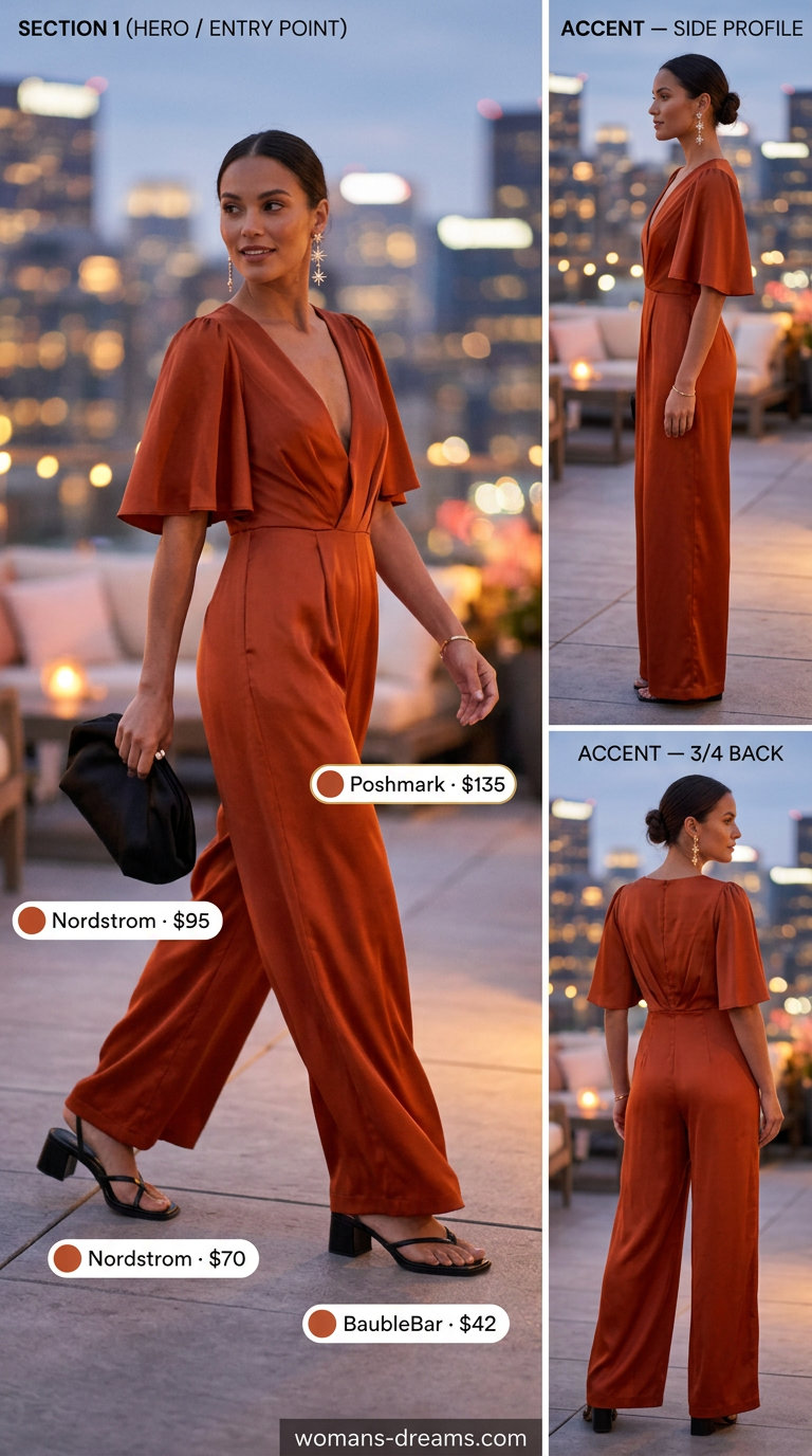 Golden orange wide-leg jumpsuit with black heels & gold earrings for a sparkle summer birthday outfit for women 2026.