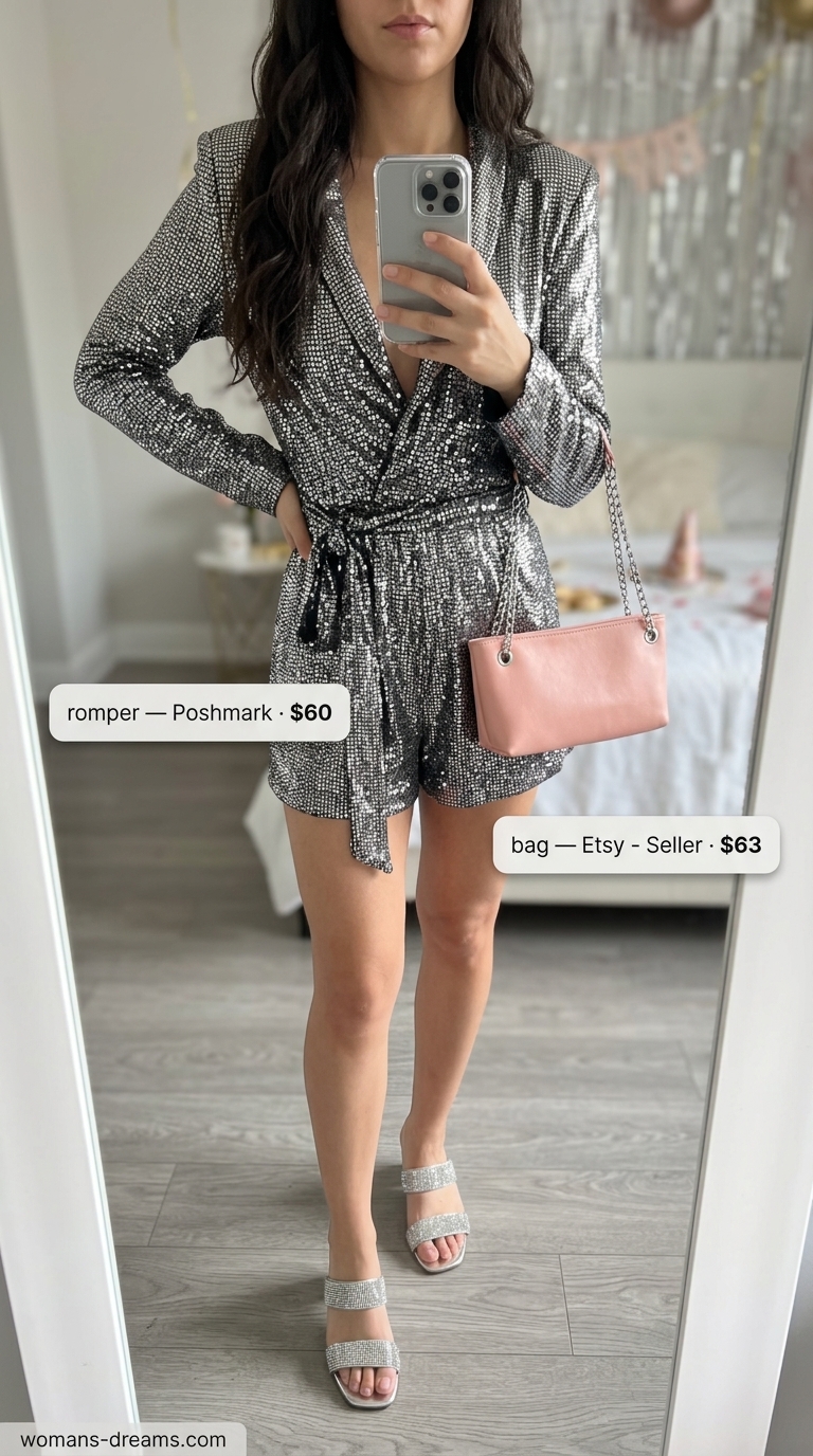 Black romper with metallic threads for a sparkle summer birthday outfit for women 2026.