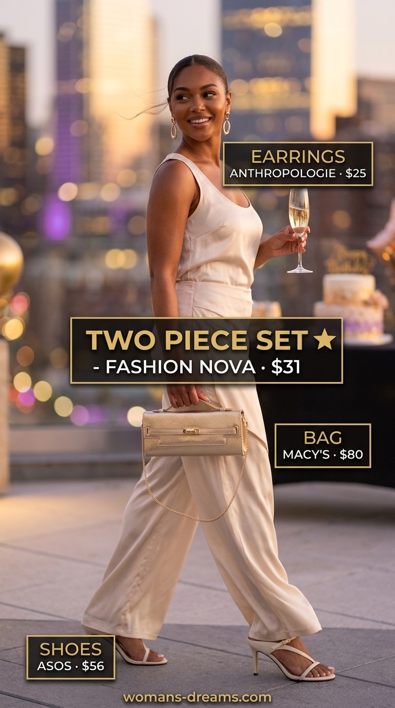 Champagne satin two-piece set with ivory mules for a sparkle summer birthday outfit for women 2026.