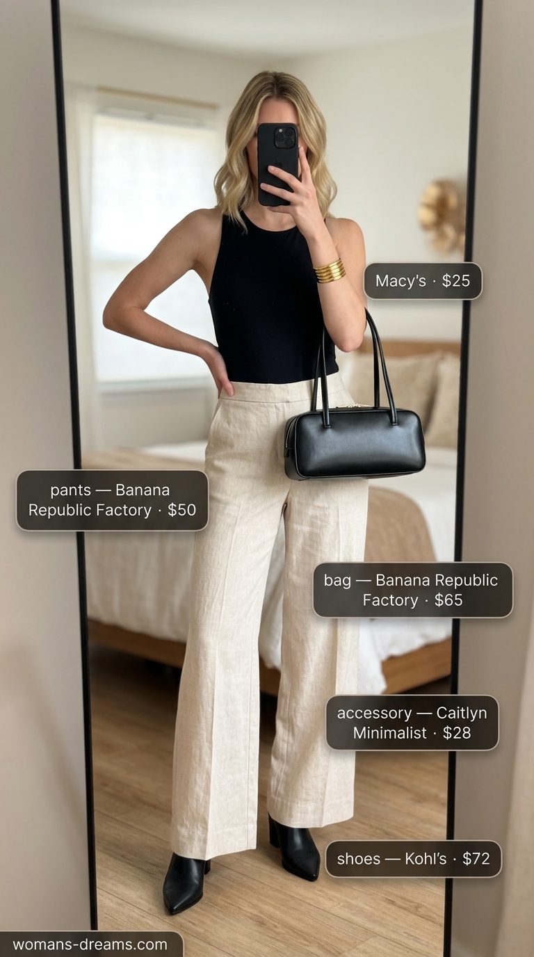 Cream wide-leg trousers with black bodysuit for a sparkle summer birthday outfit for women 2026.