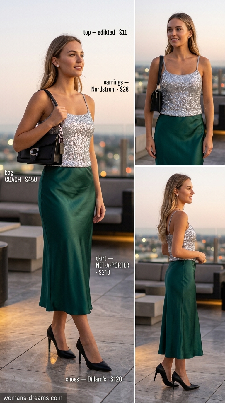 Emerald green satin midi skirt with sequined tank top for a sparkle summer birthday outfit for women 2026.