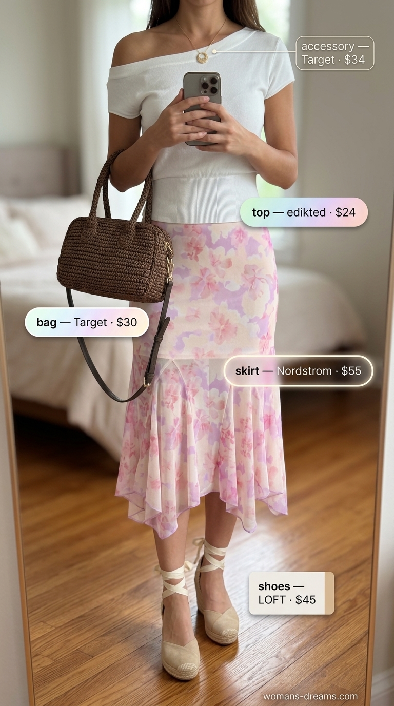 Floral tiered midi skirt with off-the-shoulder top for a sparkle summer birthday outfit for women 2026.