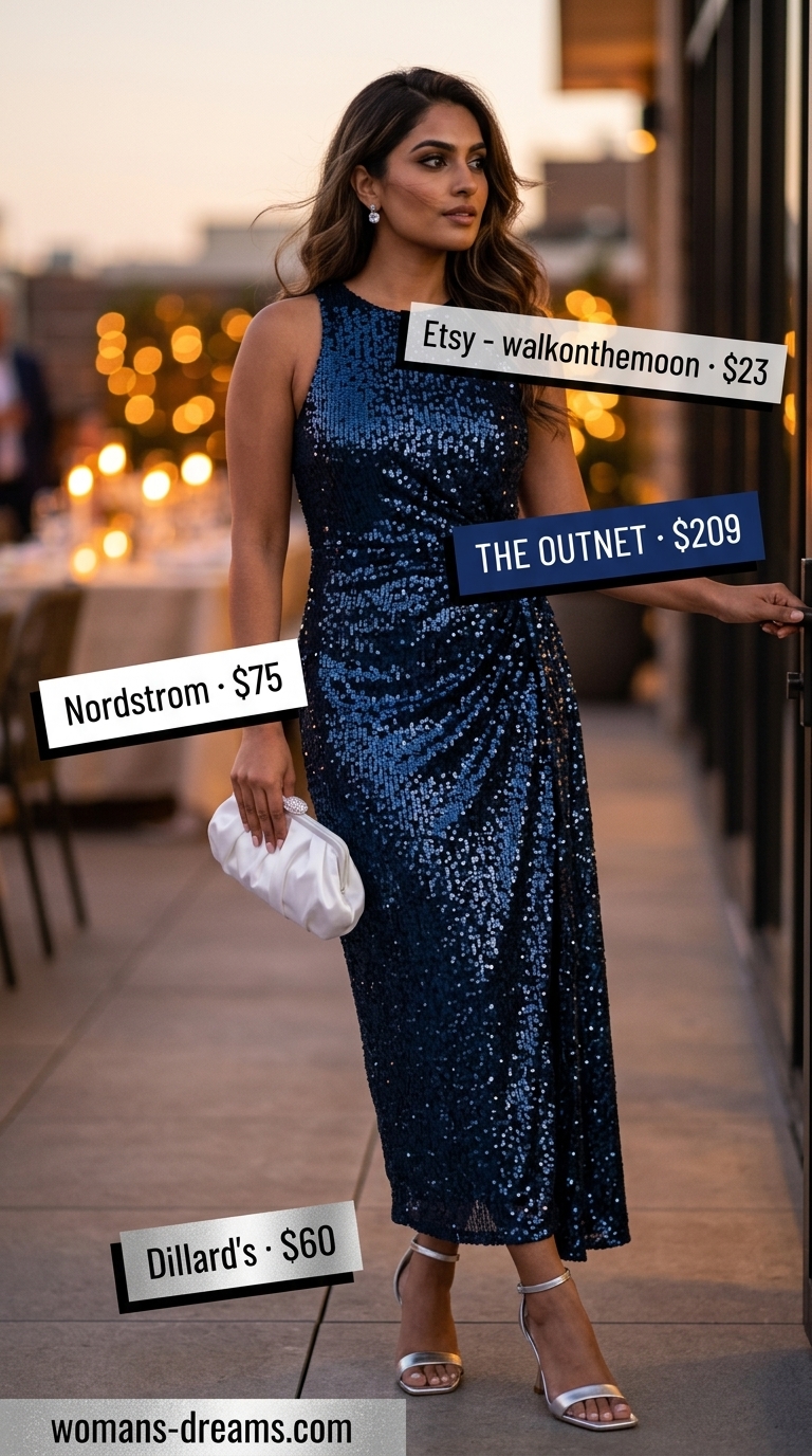 Sapphire blue midi dress with silver sandals for a sparkle summer birthday outfit for women 2026.