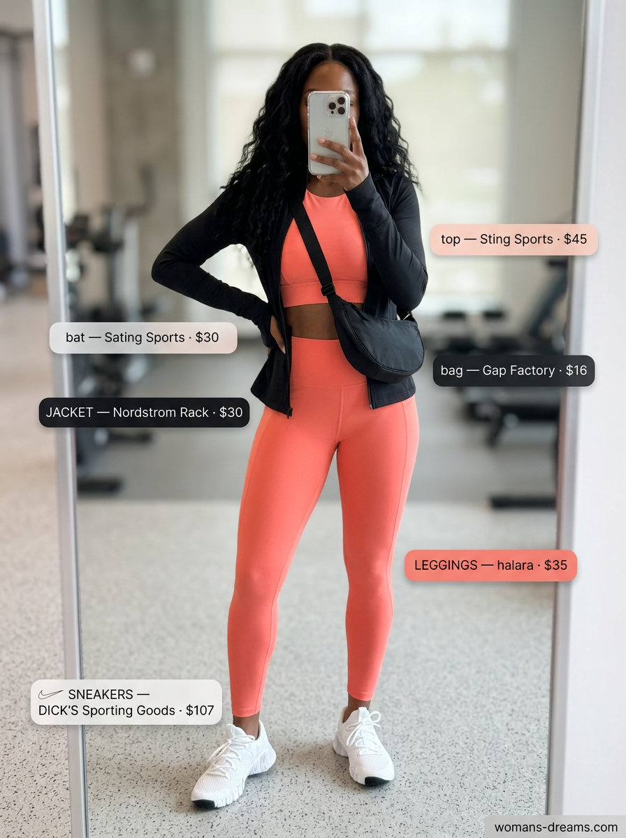 Sporty summer outfits with sneakers 2026: Coral activewear set, white sneakers, and black jacket for gym or day out.