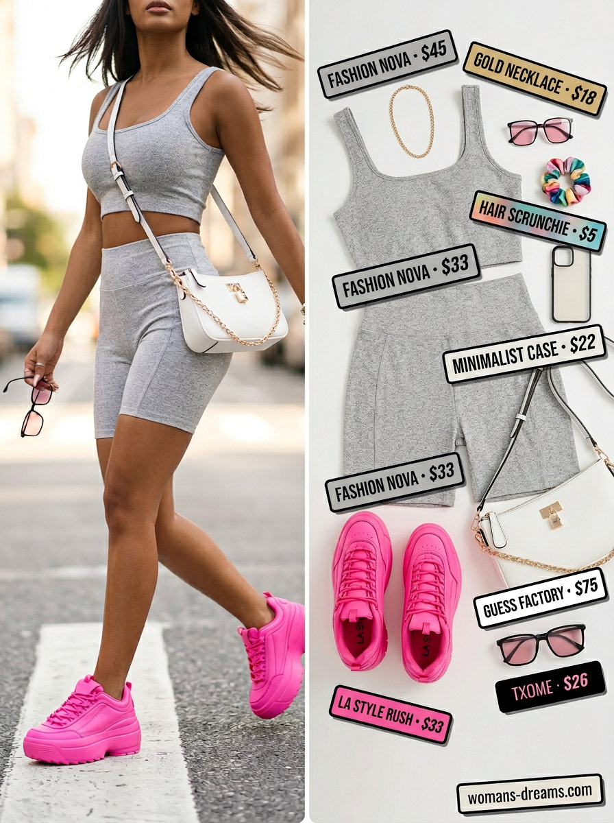 Sporty summer outfits with sneakers 2026: Hot pink sneakers, grey athletic set, and pink tinted sunglasses for athleisure.