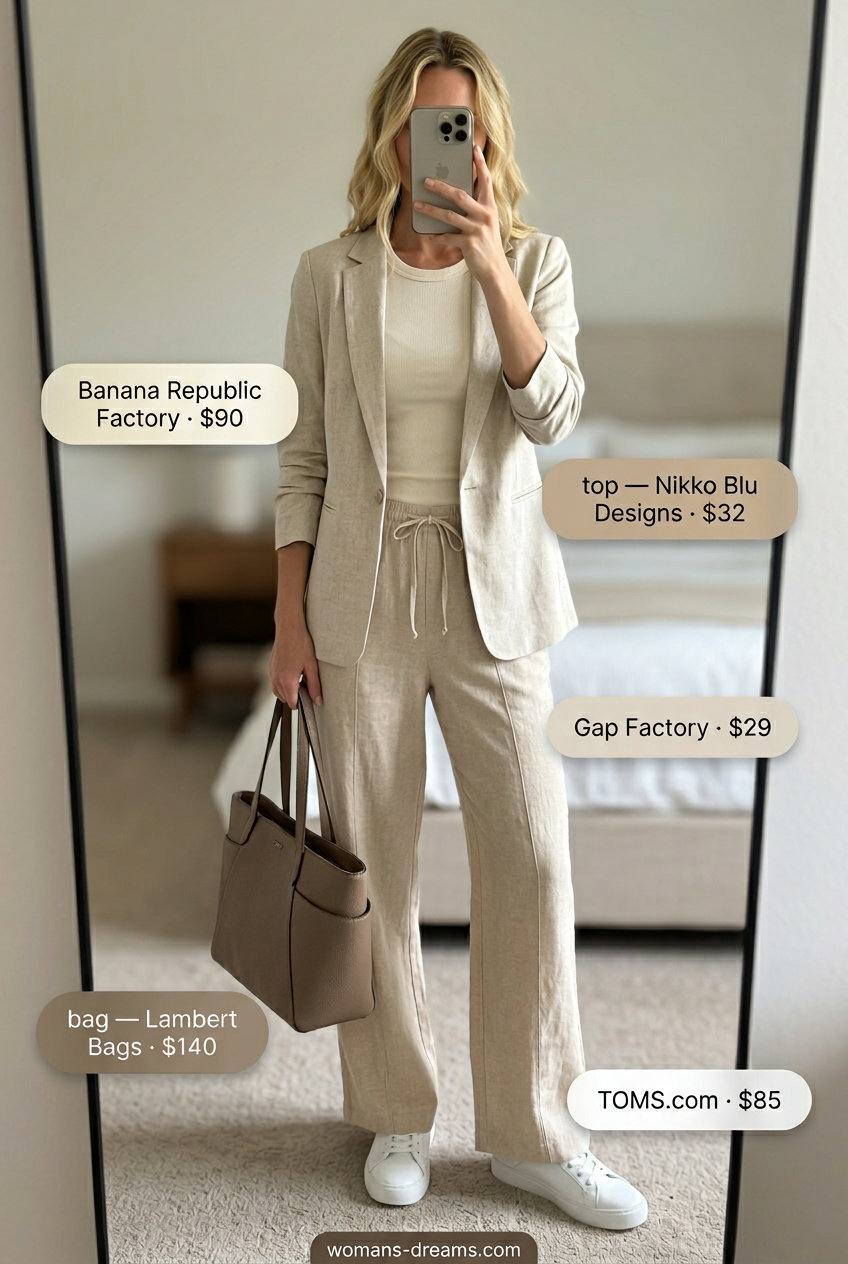 Sporty summer outfits with sneakers 2026: Beige linen pants, cream tank, blazer, and white sneakers for chic athleisure.