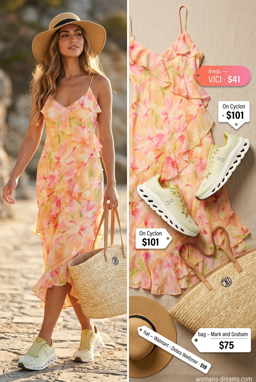 Sporty summer outfits with sneakers 2026: Coral floral dress, straw hat, and straw tote for a beach day. No sneakers shown.