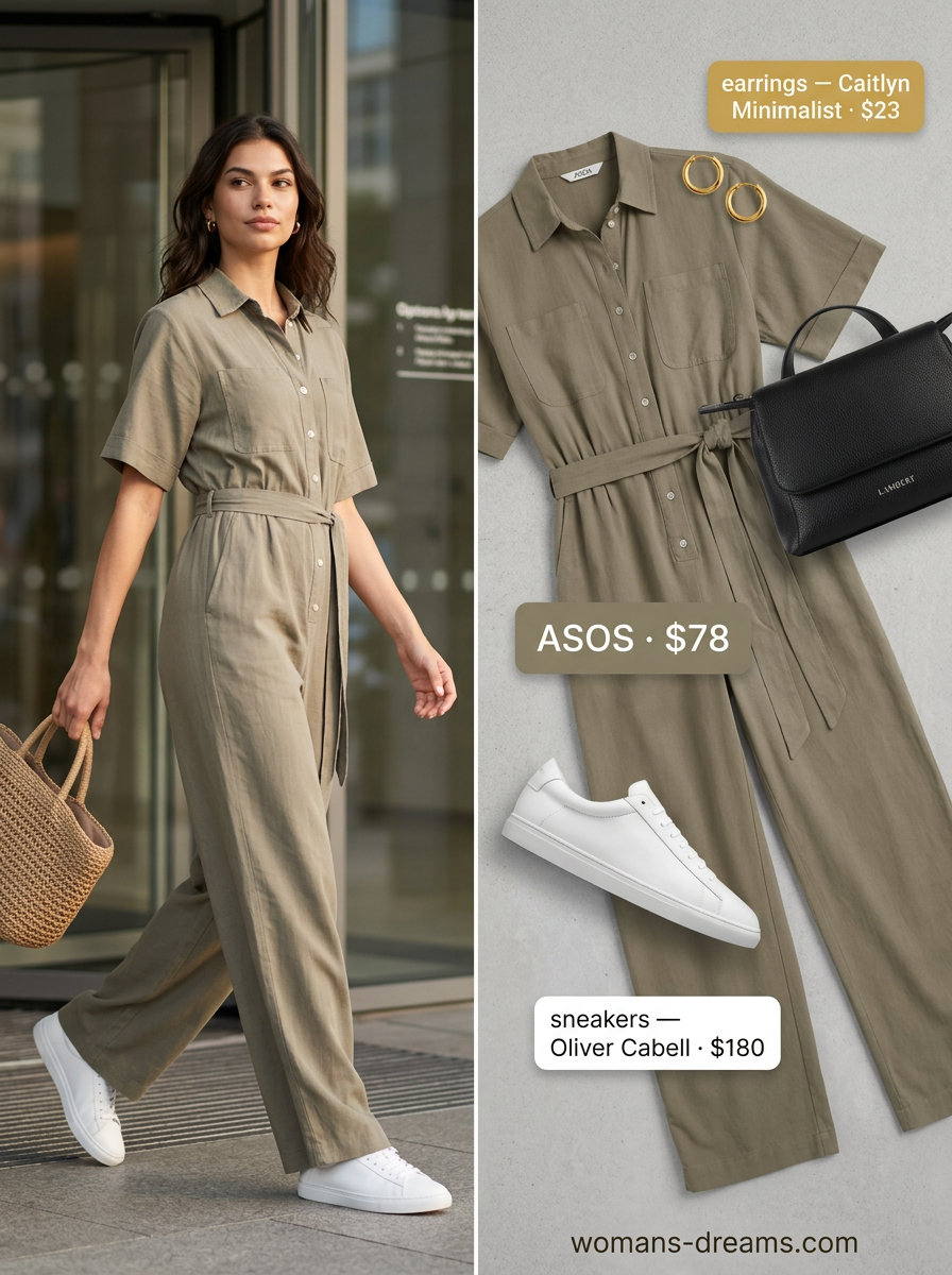 Sporty summer outfits with sneakers 2026: Khaki wide-leg jumpsuit, white sneakers, and crossbody bag for office casual.