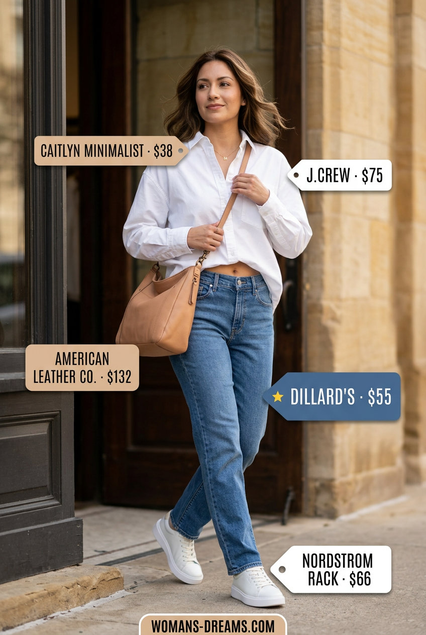 Sporty summer outfits with sneakers 2026: White shirt, jeans, tan bag, and white sneakers for city sightseeing.