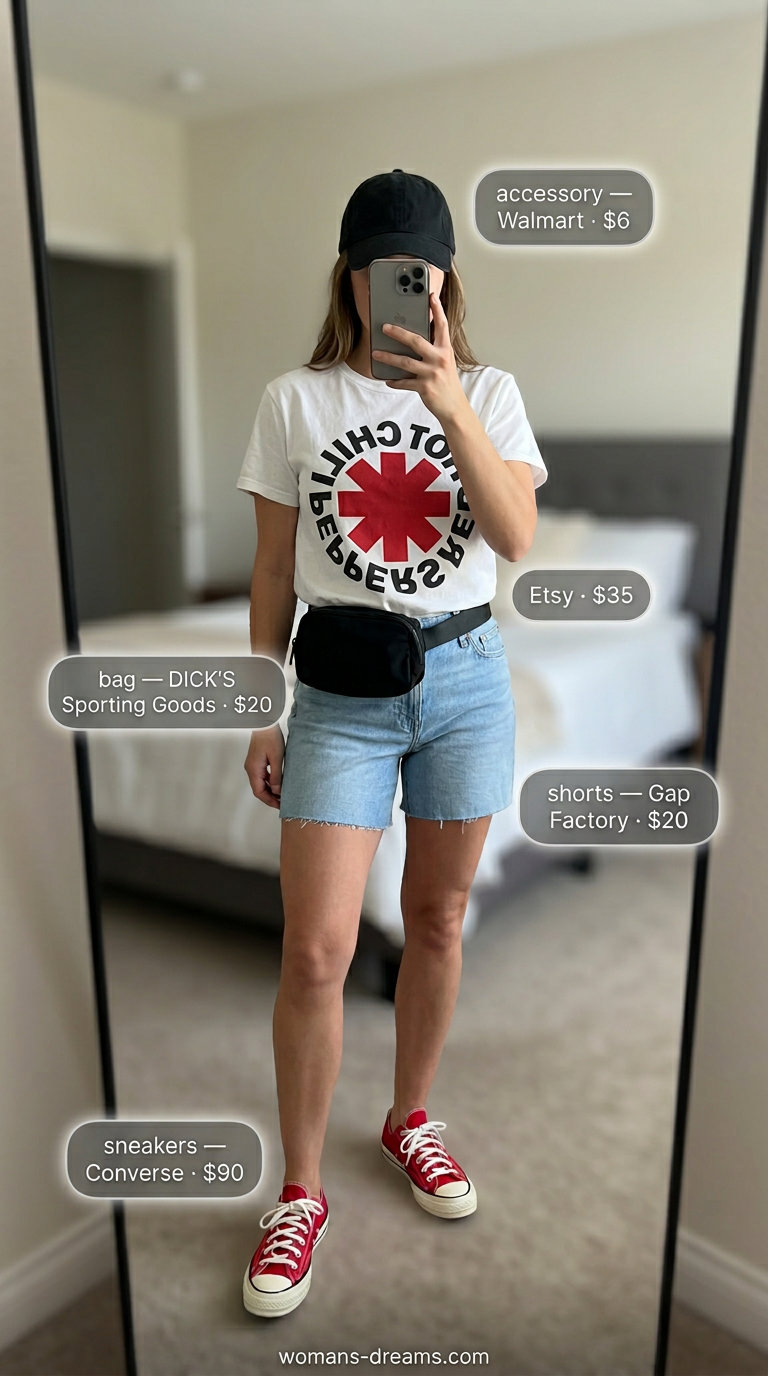 Sporty summer outfits with sneakers 2026: Denim shorts, graphic tee, and red canvas sneakers for a relaxed weekend.