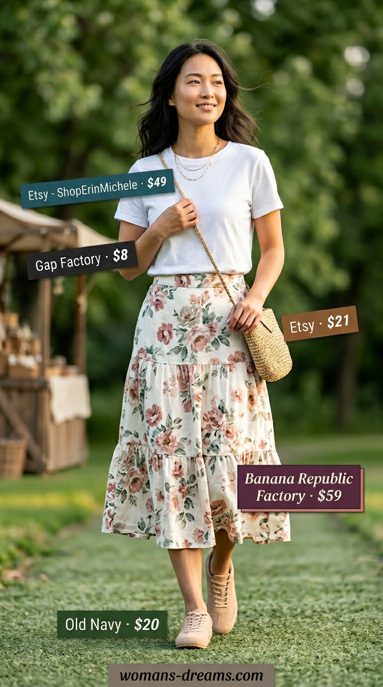 Sporty summer outfits with sneakers 2026: Floral midi skirt, white tee, tan sneakers, and straw bag for farmer's market.