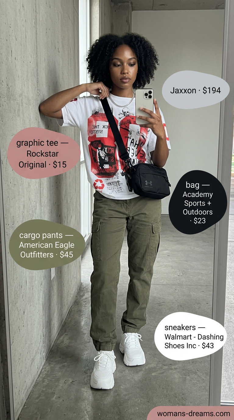 Sporty summer outfits with sneakers 2026: Olive cargo pants, graphic tee, chunky sneakers, and utility belt bag.