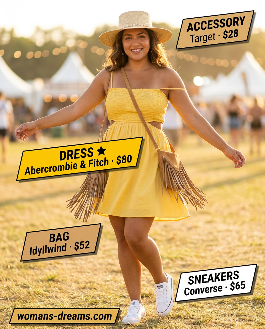 Sporty summer outfits with sneakers 2026: Yellow babydoll dress, white sneakers, and straw hat for festival vibes.