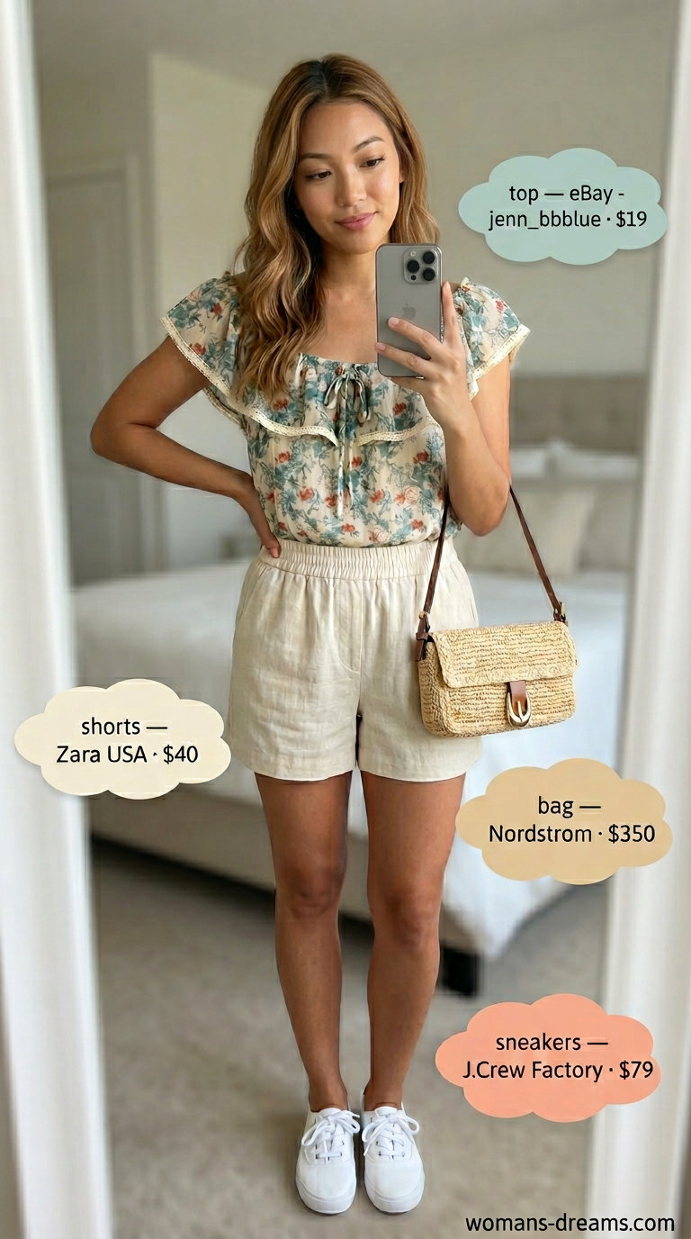 Sporty summer outfits with sneakers 2026: Floral blouse, linen shorts, and white canvas sneakers for a relaxed evening.