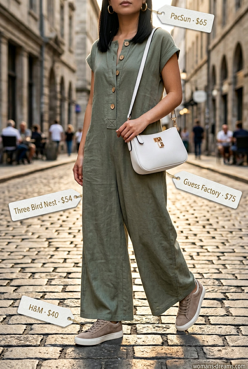 Sporty summer outfits with sneakers 2026: Olive green jumpsuit with beige sneakers for a chic casual evening out.