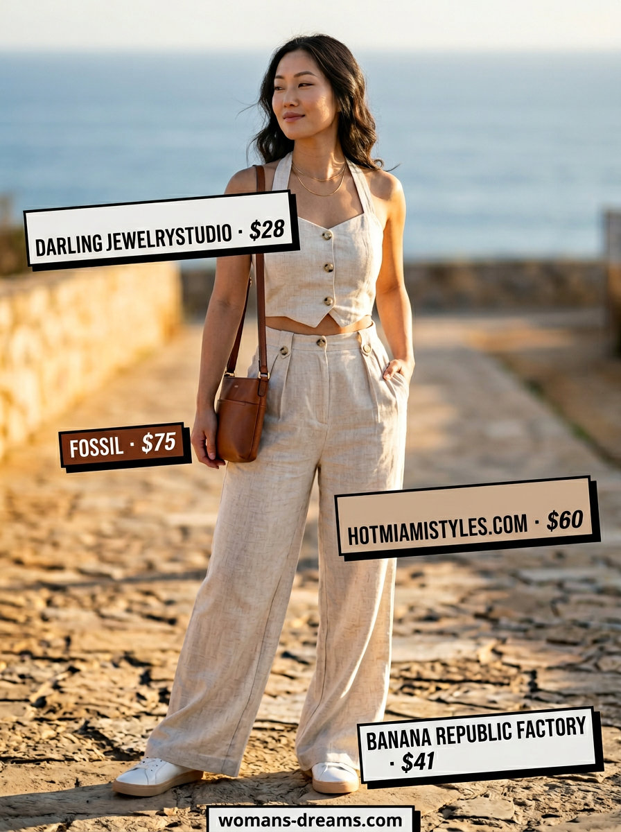 Sporty summer outfits with sneakers 2026: Cream linen set with white sneakers for a minimalist vacation look.