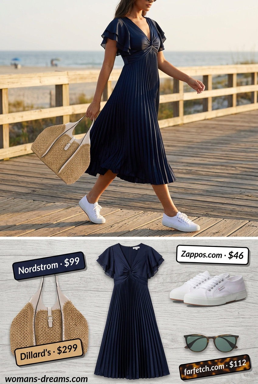 Sporty summer outfits with sneakers 2026: Navy midi dress, straw tote, and white canvas sneakers for a coastal look.