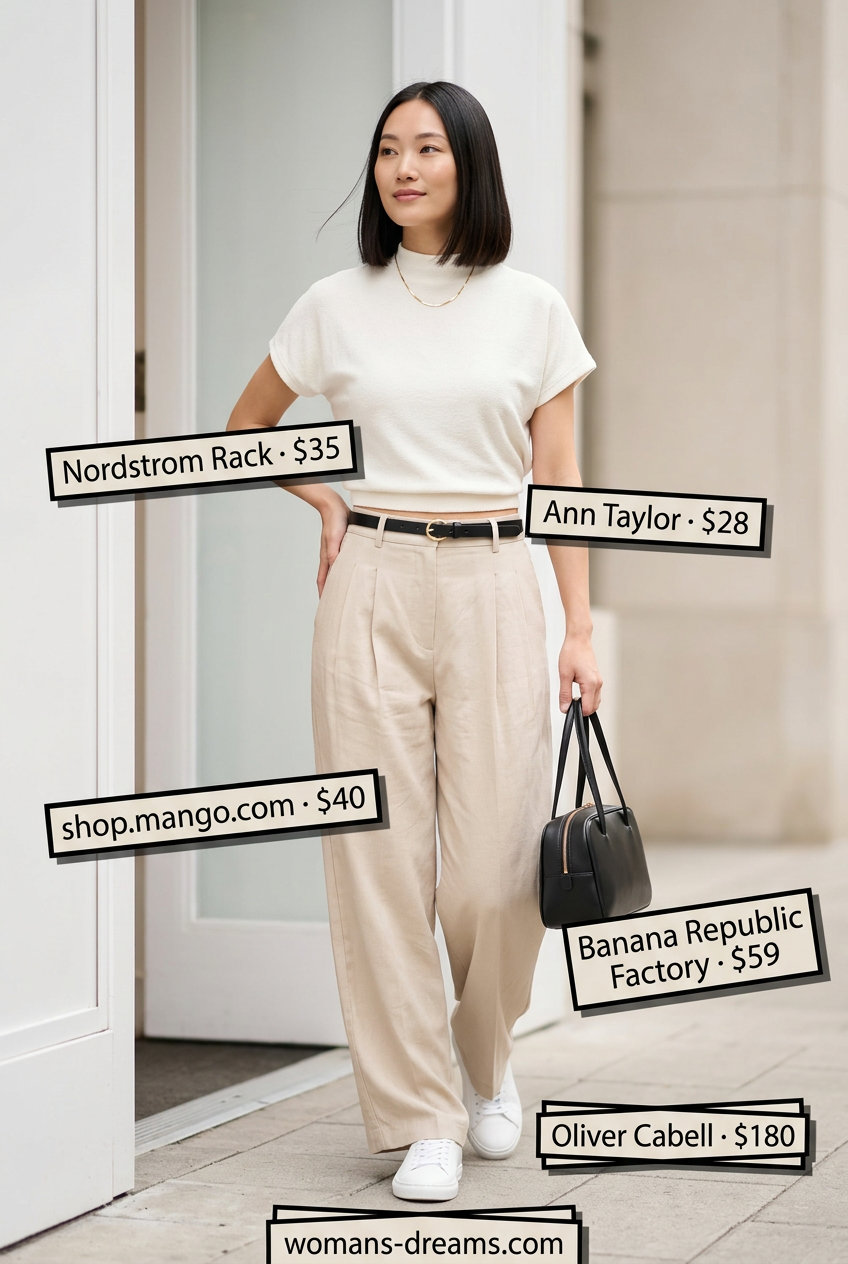 Sporty summer outfits with sneakers 2026: Beige tailored trousers, white mock neck top, black belt, and white sneakers for smart casual.