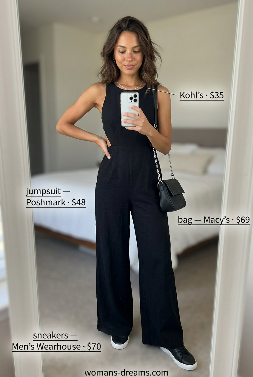 Sporty summer outfits with sneakers 2026: Black jumpsuit, black sneakers, and silver necklace for monochrome athleisure.